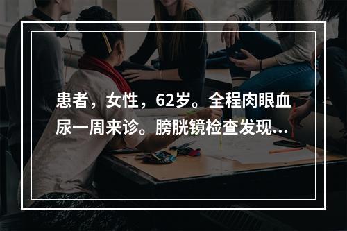 患者，女性，62岁。全程肉眼血尿一周来诊。膀胱镜检查发现膀胱