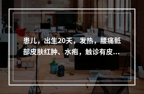 患儿，出生20天，发热，腰痛骶部皮肤红肿、水疱，触诊有皮下空