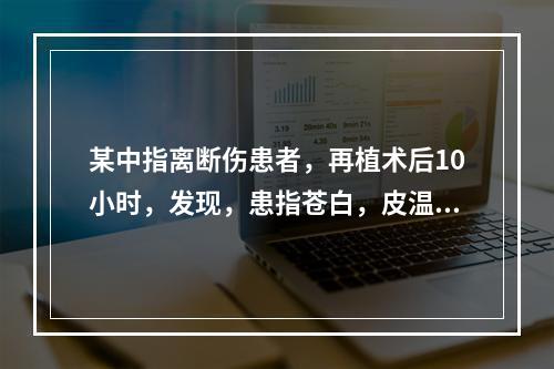 某中指离断伤患者，再植术后10小时，发现，患指苍白，皮温低于