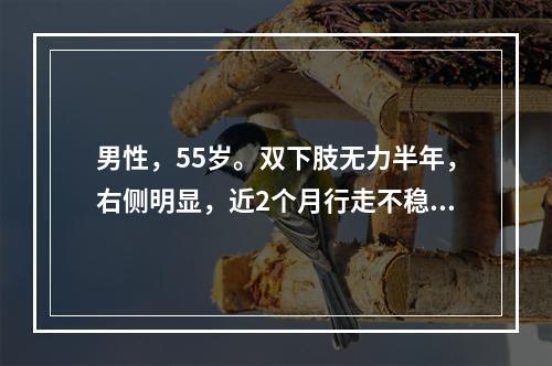 男性，55岁。双下肢无力半年，右侧明显，近2个月行走不稳，右