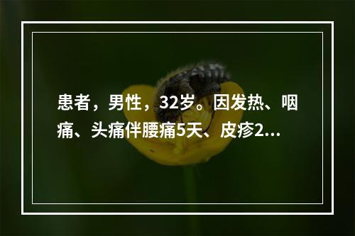 患者，男性，32岁。因发热、咽痛、头痛伴腰痛5天、皮疹2天就