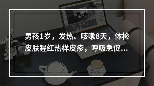 男孩1岁，发热、咳嗽8天，体检皮肤猩红热样皮疹，呼吸急促，右