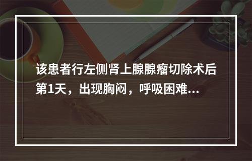 该患者行左侧肾上腺腺瘤切除术后第1天，出现胸闷，呼吸困难，提