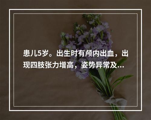 患儿5岁。出生时有颅内出血，出现四肢张力增高，姿势异常及运动