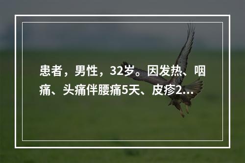 患者，男性，32岁。因发热、咽痛、头痛伴腰痛5天、皮疹2天就