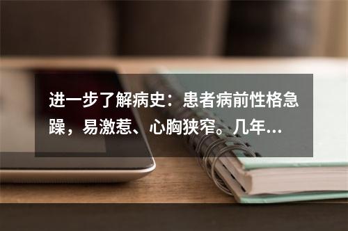 进一步了解病史：患者病前性格急躁，易激惹、心胸狭窄。几年前患