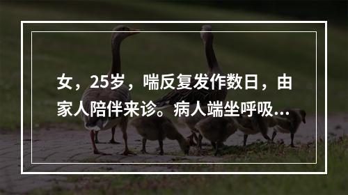 女，25岁，喘反复发作数日，由家人陪伴来诊。病人端坐呼吸、发