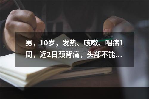 男，10岁，发热、咳嗽、咽痛1周，近2日颈背痛，头部不能屈伸