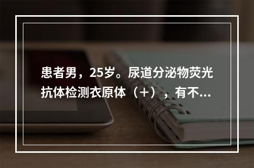 患者男，25岁。尿道分泌物荧光抗体检测衣原体（＋），有不洁性