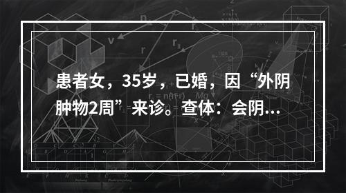 患者女，35岁，已婚，因“外阴肿物2周”来诊。查体：会阴处可