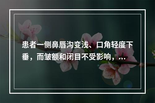 患者一侧鼻唇沟变浅、口角轻度下垂，而皱额和闭目不受影响，可能