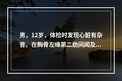 男，12岁，体检时发现心脏有杂音。在胸骨左缘第二肋间闻及Ⅱ～