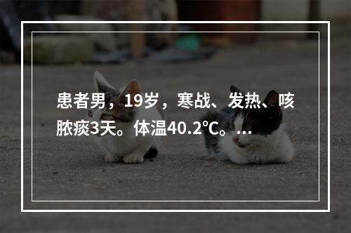 患者男，19岁，寒战、发热、咳脓痰3天。体温40.2℃。X线