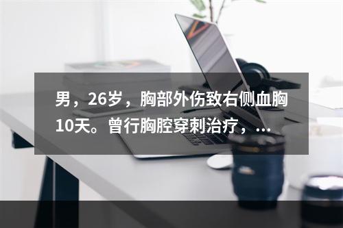 男，26岁，胸部外伤致右侧血胸10天。曾行胸腔穿刺治疗，近日