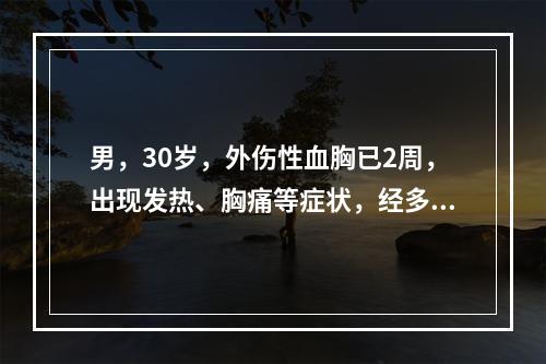 男，30岁，外伤性血胸已2周，出现发热、胸痛等症状，经多次胸