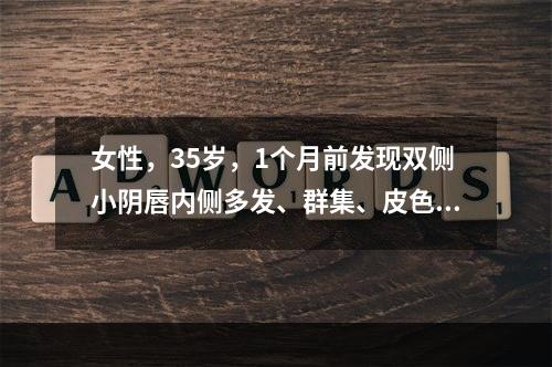 女性，35岁，1个月前发现双侧小阴唇内侧多发、群集、皮色颗粒