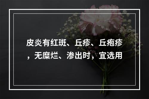 皮炎有红斑、丘疹、丘疱疹，无糜烂、渗出时，宜选用