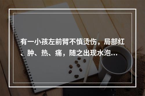 有一小孩左前臂不慎烫伤，局部红、肿、热、痛，随之出现水泡，其