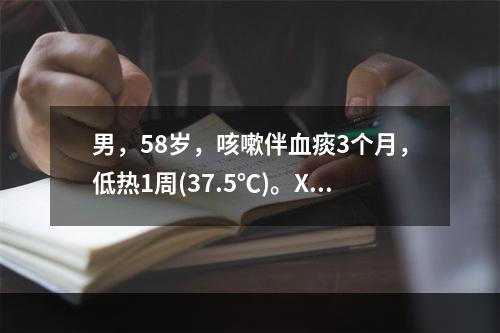 男，58岁，咳嗽伴血痰3个月，低热1周(37.5℃)。X线胸