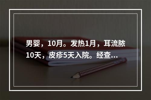 男婴，10月。发热1月，耳流脓10天，皮疹5天入院。经查诊断