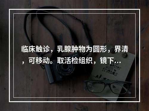 临床触诊，乳腺肿物为圆形，界清，可移动。取活检组织，镜下见乳