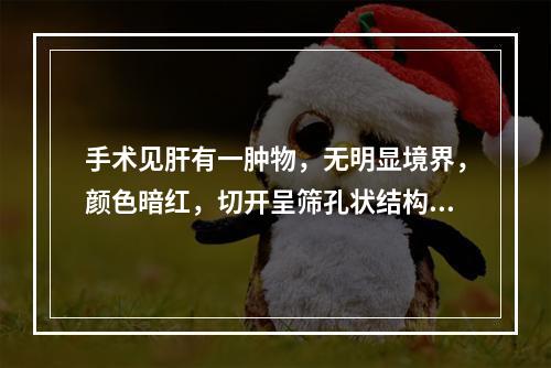 手术见肝有一肿物，无明显境界，颜色暗红，切开呈筛孔状结构，有