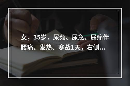 女，35岁，尿频、尿急、尿痛伴腰痛、发热、寒战1天，右侧肾区