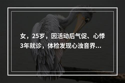 女，25岁，因活动后气促、心悸3年就诊，体检发现心浊音界向左