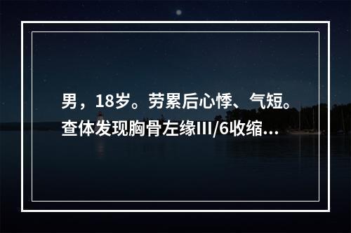 男，18岁。劳累后心悸、气短。查体发现胸骨左缘Ⅲ/6收缩期喷