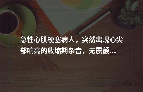 急性心肌梗塞病人，突然出现心尖部响亮的收缩期杂音，无震颤，心