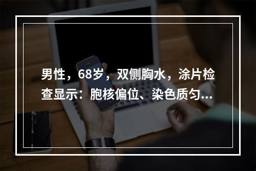 男性，68岁，双侧胸水，涂片检查显示：胞核偏位、染色质匀细、