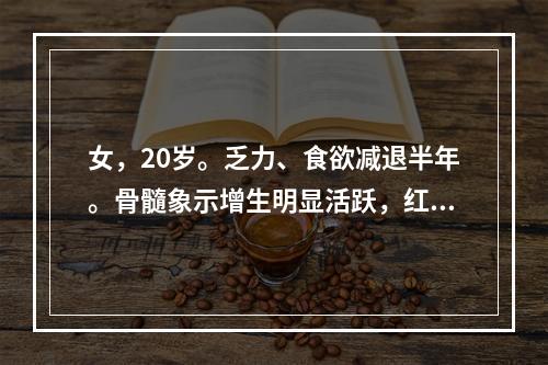 女，20岁。乏力、食欲减退半年。骨髓象示增生明显活跃，红细胞