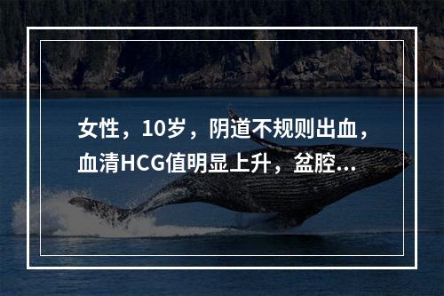 女性，10岁，阴道不规则出血，血清HCG值明显上升，盆腔B超