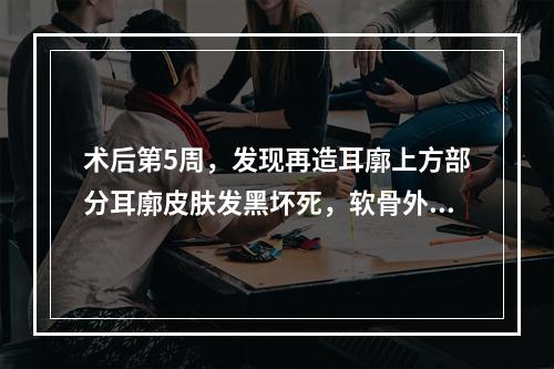 术后第5周，发现再造耳廓上方部分耳廓皮肤发黑坏死，软骨外露1