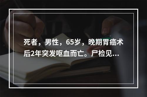 死者，男性，65岁，晚期胃癌术后2年突发呕血而亡。尸检见两肺