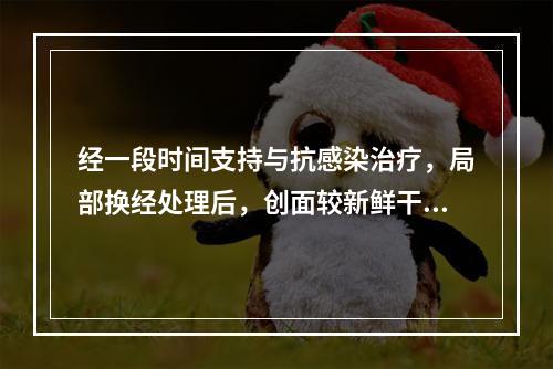 经一段时间支持与抗感染治疗，局部换经处理后，创面较新鲜干净，