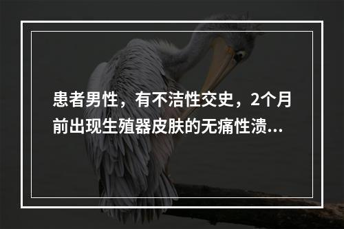 患者男性，有不洁性交史，2个月前出现生殖器皮肤的无痛性溃疡，