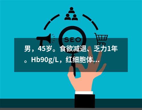 男，45岁。食欲减退、乏力1年。Hb90g/L，红细胞体积分