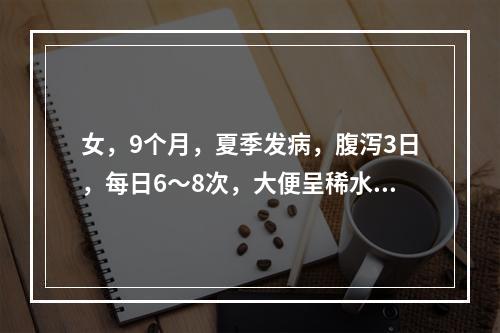 女，9个月，夏季发病，腹泻3日，每日6～8次，大便呈稀水样，