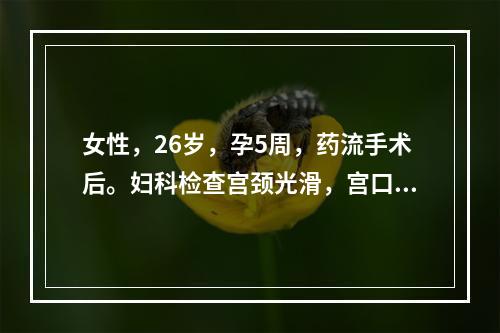 女性，26岁，孕5周，药流手术后。妇科检查宫颈光滑，宫口突出