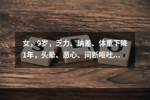 女，9岁，乏力、纳差、体重下降1年，头晕、恶心、间断呕吐并发