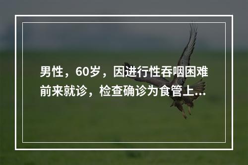 男性，60岁，因进行性吞咽困难前来就诊，检查确诊为食管上段癌