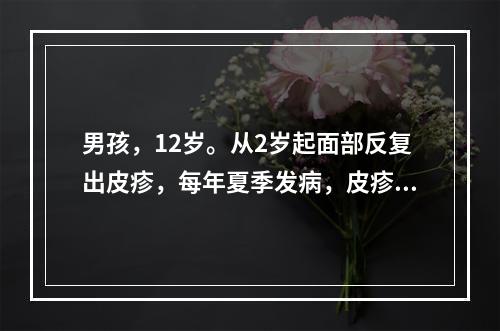 男孩，12岁。从2岁起面部反复出皮疹，每年夏季发病，皮疹以小