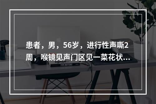 患者，男，56岁，进行性声嘶2周，喉镜见声门区见一菜花状肿物