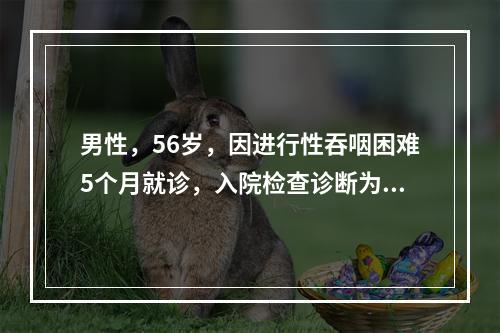 男性，56岁，因进行性吞咽困难5个月就诊，入院检查诊断为食管