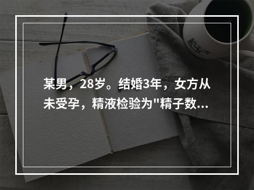 某男，28岁。结婚3年，女方从未受孕，精液检验为