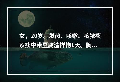 女，20岁。发热、咳嗽、咳脓痰及痰中带豆腐渣样物1天。胸片显