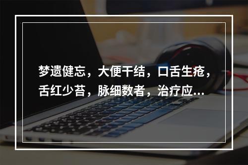 梦遗健忘，大便干结，口舌生疮，舌红少苔，脉细数者，治疗应选用