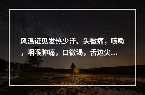 风温证见发热少汗、头微痛，咳嗽，咽喉肿痛，口微渴，舌边尖红，