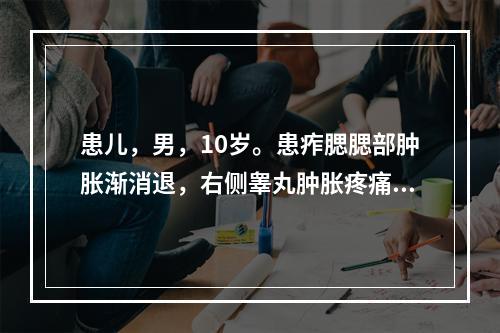 患儿，男，10岁。患痄腮腮部肿胀渐消退，右侧睾丸肿胀疼痛，舌